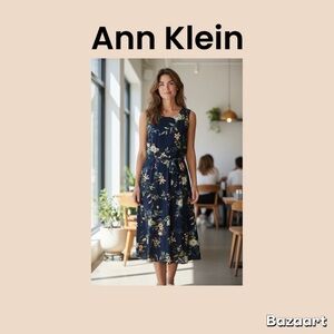 Anne Klein Navy Floral Midi Dress with Belt Size 14